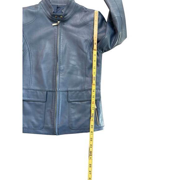 Women's Blue Leather Long Sleeves Zip Up Bomber Jacket Size 55 - Picture 3 of 5
